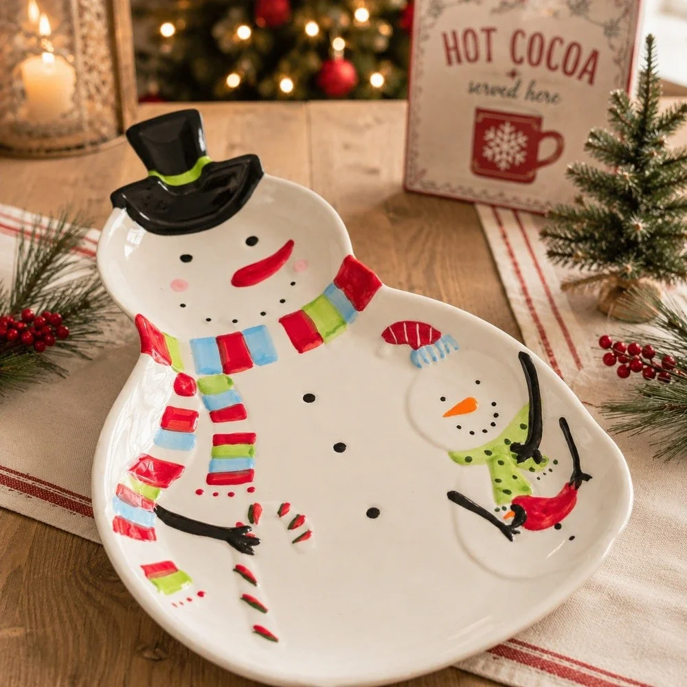 Vintage Snowman Serving Platter Cardinal Christmas Ceramic Dish 15 Inch